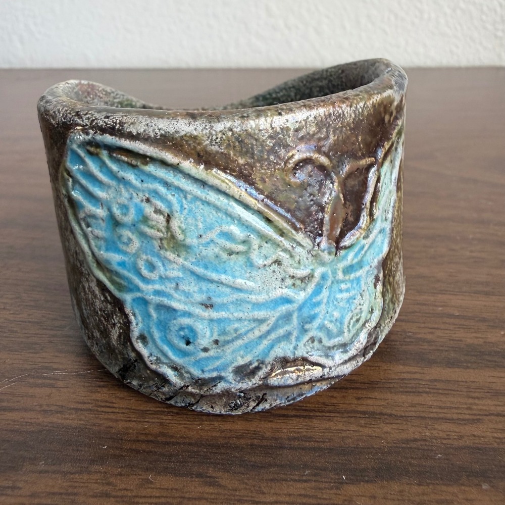 Wide Pottery Cuff Bracelet Ceramic Bangle Turquoise Butterfly Patina Boho NICE